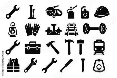 A set of pictograms related to construction, repair, transport, and safety are used to designate tools, equipment, and services in the relevant industries.