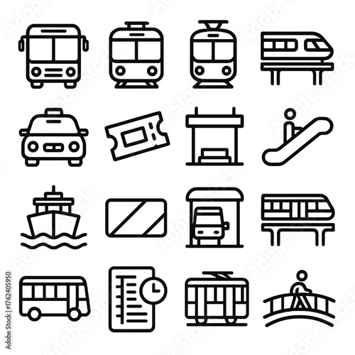Public Transportation outline icon set: city bus, subway train, tram, monorail, taxi, ticket, station sign, escalator, ferry, metro card, bus stop, overhead rail, airport shuttle,