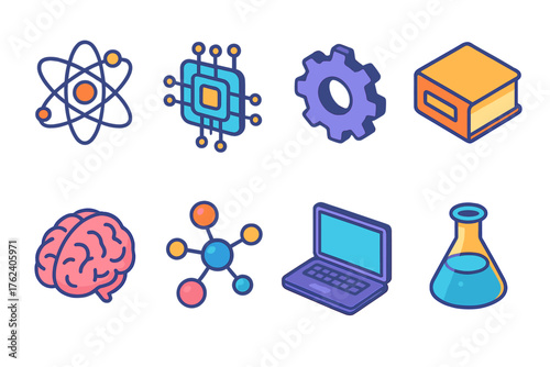 Interdisciplinary Teams flat isometric set: atom, circuit board, gear, book, brain, molecule, laptop, flask.