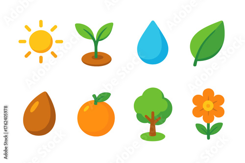 Organic flat isometric set: sun, sprout, droplet, leaf, seed, fruit, tree, flower.