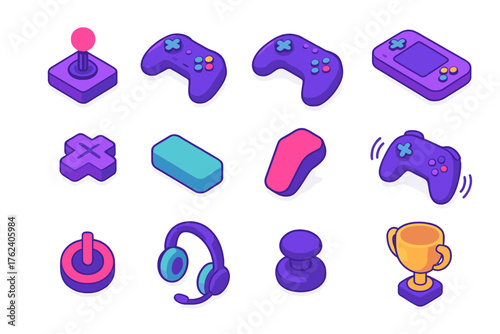 Gaming Controllers Set flat isometric set: joystick, gamepad, console controller, handheld device, D-pad, start button, trigger button, analog stick, vibration icon, power light,