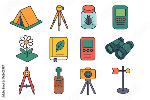 Field Studies flat isometric set: outdoor tent, survey tripod, map with pins, insect jar, flower sample, research notebook, digital recorder, binoculars, compass tool, soil core,