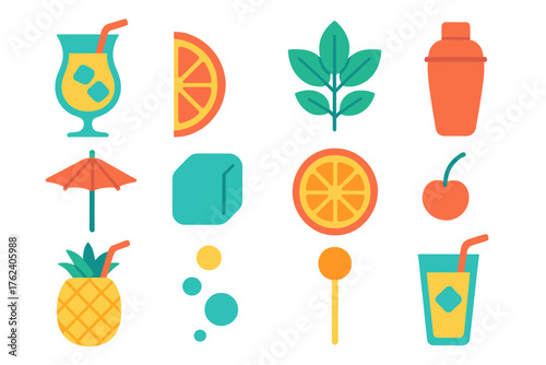 Mocktails flat icons: tropical glass, citrus wedge, mint sprig, straw, shaker bottle, cocktail umbrella, ice cube, fruit slice, cherry icon, pineapple cup, bubbles, drink stirrer.