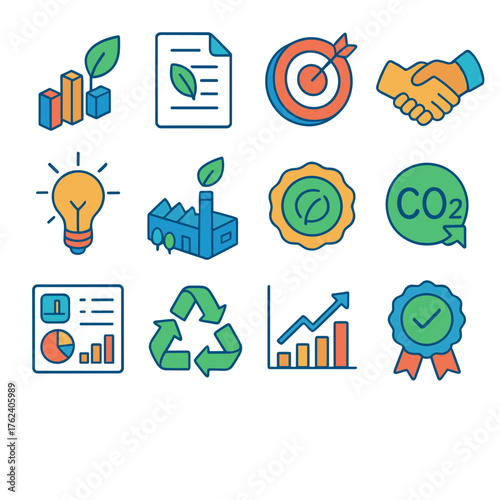 Corporate Sustainability Plan flat isometric set: bar chart with leaf, eco report document, target goal, partnership handshake, innovation bulb, sustainable factory, renewable