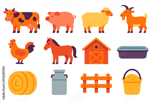 Livestock flat icons: cow, pig, sheep, goat, chicken, horse, barn, water trough, hay bale, milk can, fence, feed bucket.