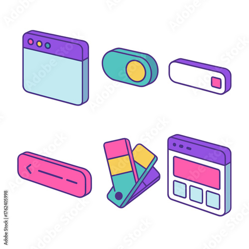 User Interface flat isometric set: window frame, toggle switch, input field, navigation bar, color palette, wireframe.