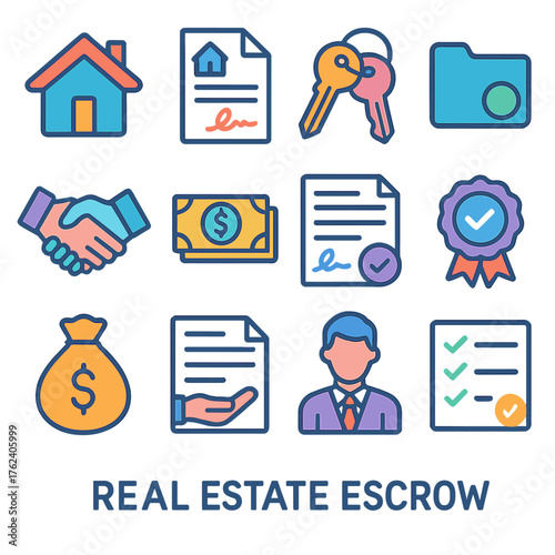 Real Estate Escrow Set flat icons: house, property document, keys, escrow folder, handshake, dollar stack, signature form, seal of approval, deposit bag, release agreement, agent