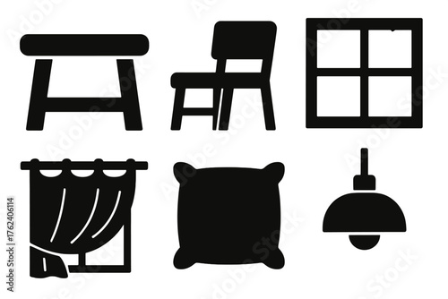 Cozy breakfast nook silhouette set: table, chair, window, curtain, cushion, lamp.