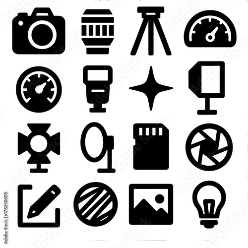 Photography Light Meter silhouette set: DSLR camera, lens, tripod, gauge, dial, flash, starburst, softbox, spotlight, reflector, memory card, shutter, editing tool, filter, gallery