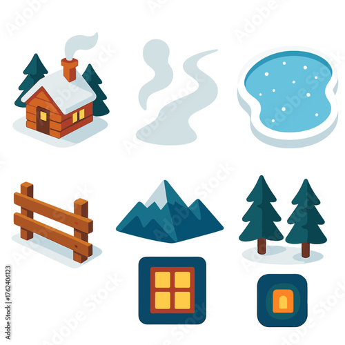 Holiday Nature Cozy Landscape flat isometric set: cabin in woods, smoke from chimney, snowy path, frozen lake, wooden fence, mountain horizon, tall pines, glowing window light.