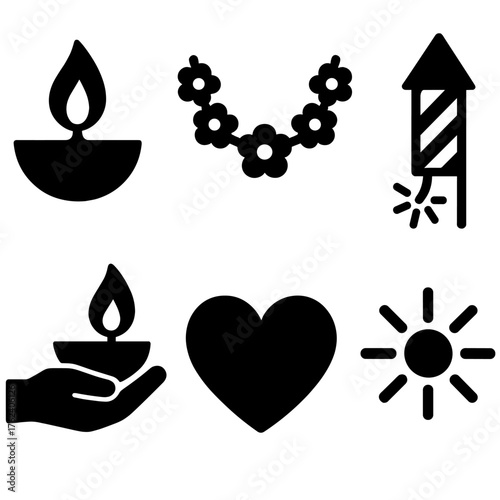 Diwali Joy silhouette set: diya flame, flower garland, firecracker, hand holding lamp, heart, glow.