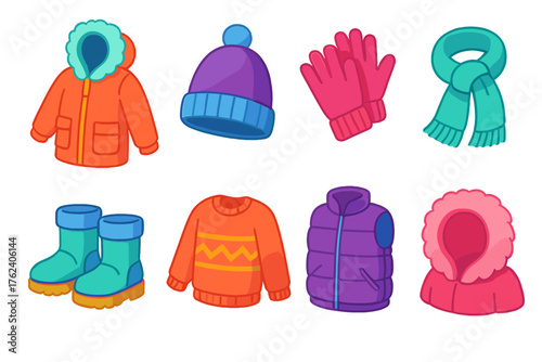 Frosty Fashion flat isometric set: winter coat, beanie, wool gloves, chunky scarf, snow boots, cozy sweater, quilted vest, fluffy hood.
