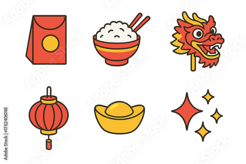 Lunar New Year Celebration flat isometric set: red packet, rice bowl, dragon dance, lantern, ingot, sparkles.