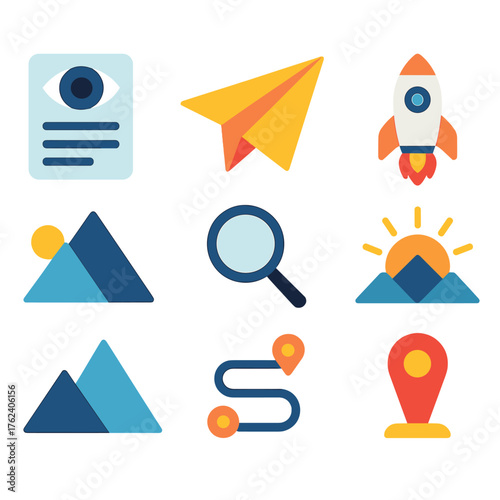 2026 Vision flat icons: vision board, paper plane, rocket, sunrise horizon, mountain, magnifier, path curve, milestone marker.
