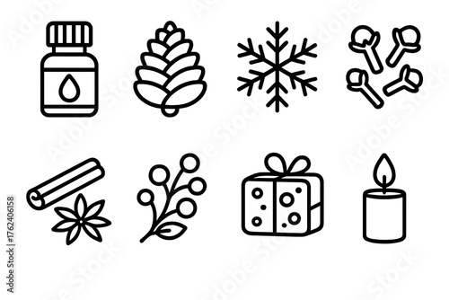 Christmas Scents outline icon set: essential oil bottle, pinecone, fresh snowflake, clove buds, baking spices, frosted berry branch, holiday soap, candle flame.
