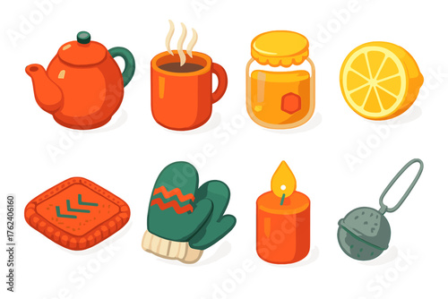 Holiday Beverages Cozy Comforts flat isometric set: teapot, steaming mug, honey jar, lemon slice, knitted coaster, wool mittens, candle flame, tea infuser.