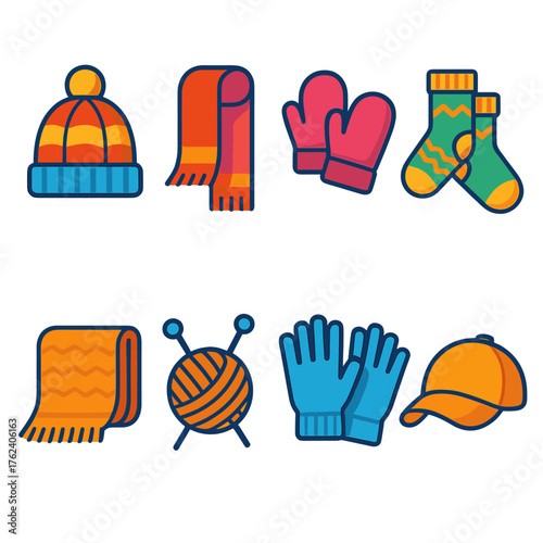 Woolen Accessories flat icons: wool hat, hand-knit scarf, mittens, thick socks, woolen blanket, yarn and needles, wool gloves, soft cap.