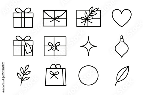 Gift Presentation Elegant — Minimal Duotone outline icon set: box outline, ribbon bow, tag, floral sprig, wax seal, twine wrap, folded paper, heart, sparkle, ornament, circle, leaf