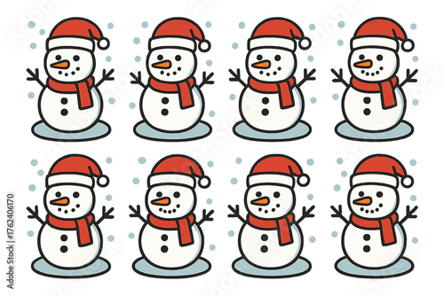 Christmas Snowman Classic Design flat icons: snowman with hat, carrot nose, coal eyes, scarf, stick arms, button smile, snowy base, falling flakes.