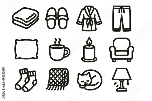 Fleece Essentials Cozy Home — Warm Flat Icons outline icon set: fuzzy blanket, slippers, robe, lounge pants, pillow, hot drink, candlelight, armchair, cozy socks, knit throw, pet