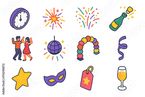 New Year Celebration flat isometric set: midnight clock, firework explosion, confetti shower, champagne bottle pop, dancing couple, disco light, balloon arch, streamer swirl, gold