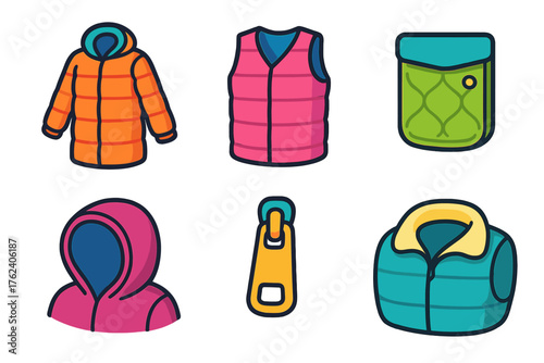Quilted Clothing flat isometric set: puffer coat, thermal vest, jacket pocket, hood, zipper pull, fleece collar.