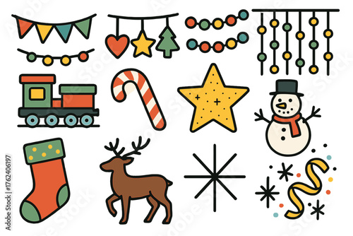 Festive Wall Decor – Whimsical Holiday outline icon set: colorful bunting, felt ornaments, pom-pom string, fairy light curtain, toy train wall art, candy cane swirl, glitter star,