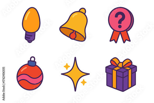 Holiday Trivia flat isometric set: festive light bulb, bell, quiz badge, ornament ball, sparkle, wrapped gift.