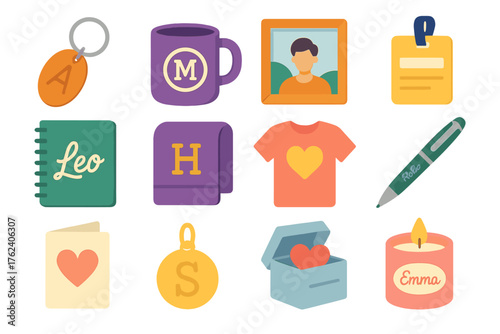 Custom Gifts – Personalized Touch flat icons: engraved keychain, monogram mug, photo frame, name tag, custom notebook, embroidered towel, printed T-shirt, engraved pen, handmade