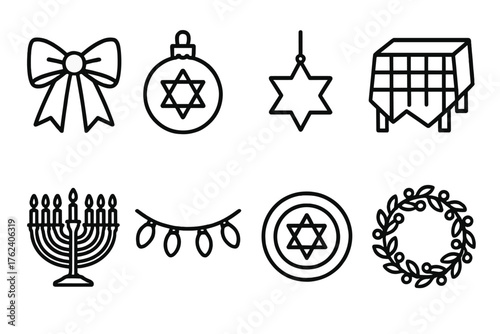 Hanukkah Traditions Home Decor outline icon set: blue ribbon, silver ornament, hanging star, tablecloth pattern, candle holder, garland of lights, decorative plate, festive wreath.