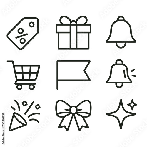 Seasonal Promotions — festive duotone set outline icon set: discount tag, wrapped present, sale banner, bell icon, shopping cart, confetti burst, ribbon bow, sparkling star.