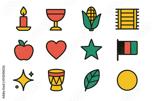 Kwanzaa Symbols Minimal Line Icons flat icons: candle outline, cup, corn, mat, fruit, heart, star, flag, sparkle, drum, leaf, circle.