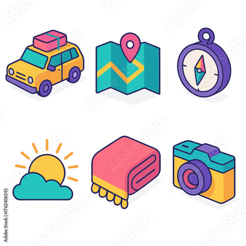Holiday Escape flat isometric set: road trip car, map, compass, sunrise, cozy blanket, camera.