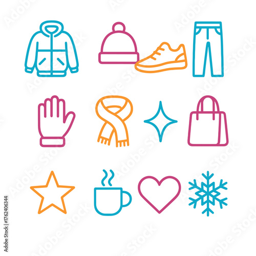 Winter Streetwear Minimal Line Icons flat isometric set: jacket outline, hat, shoe, pants, glove, scarf, sparkle, bag, star, cup, heart, snowflake.