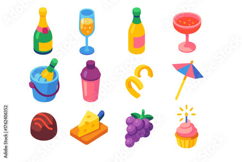 New Year’s Eve – Festive Drinks & Treats flat isometric set: champagne bottle, flute glass, sparkling cider bottle, mocktail coupe, ice bucket, cocktail shaker, lemon twist,