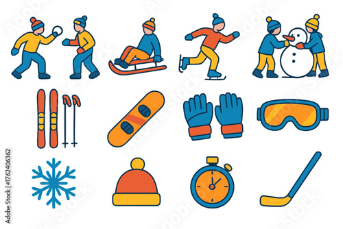 Outdoor Winter Games flat icons: snowball fight, sledding, ice skating, snowman building, skiing, snowboarding, hockey stick, gloves, goggles, snowflake, hat, stopwatch.