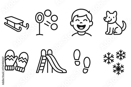 Snow Park Life Kids’ Zone outline icon set: mini sleds, snowball toss, laughing child, pet dog, colorful mittens, playground slide, footprints, snowflakes.