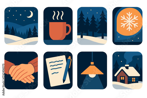 Winter Reflection flat icons: starry night, quiet woods, steaming drink, handwritten notes, snowflake on glass, calm light, resting hands, peaceful cabin.