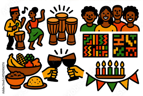 Kwanzaa Unity Community Celebration silhouette set: music and dance, drums circle, smiling crowd, kente cloth, food feast, unity cup toast, candles glowing, festive banner.