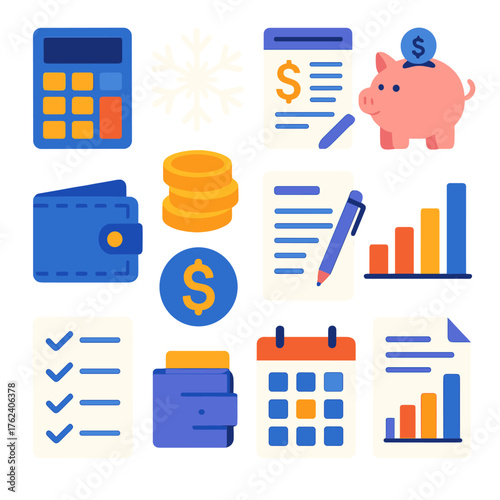 Winter Financial Planning flat icons: calculator, snowflake, budget sheet, piggy bank, wallet, coins, document, pen, bar graph, checklist, dollar symbol, calendar.
