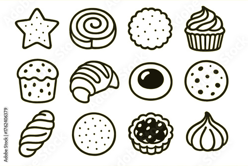 Christmas Treats Bakery — Cozy Line Art outline icon set: sugar cookie star, cinnamon roll, shortbread biscuit, iced cupcake, panettone, croissant with glaze, jam-filled thumbprint