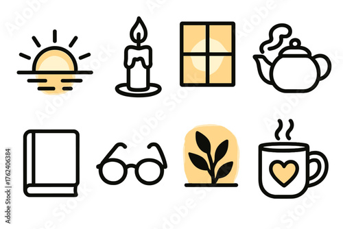 Cozy Mornings — Gentle light outline icon set: sunrise horizon, candle flame, window glow, teapot steam, leafy shadow, journal, glasses, heart mug.