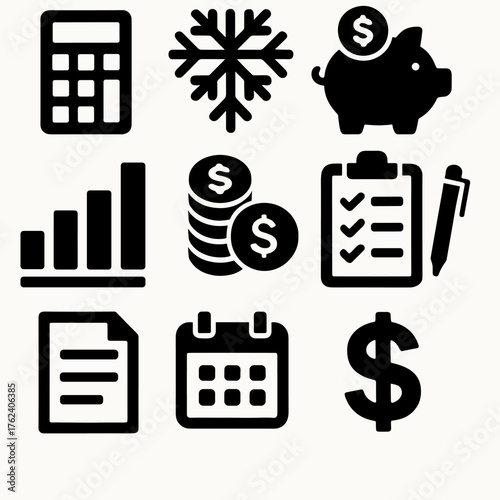 Winter Financial Planning silhouette set: calculator, snowflake, piggy bank, wallet, bar chart, coin stack, clipboard, checklist, pen, document, calendar, dollar sign.