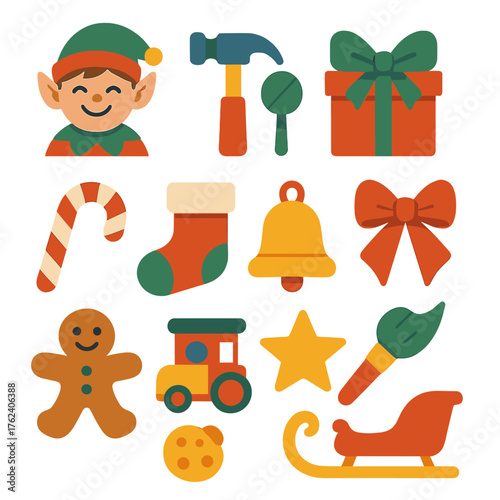 Christmas Elves Whimsical Workshop Style flat icons: smiling elf, toy hammer, gift box, ribbon bow, candy cane, stocking, bell, paintbrush, cookie, wooden toy, star, sleigh.