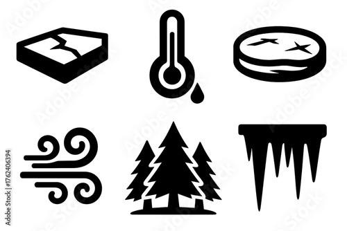 Deep Freeze silhouette set: ice sheet, thermometer drop, frozen pond, wind swirl, pine forest, icicle cluster.