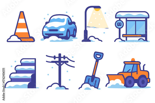 Blizzard Conditions — Urban impact flat icons: traffic cone, snowy car, streetlight, bus stop, icy steps, power line, shovel, snowplow.