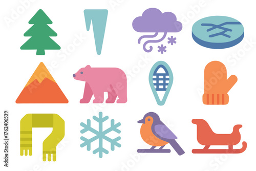 Winter Knowledge Nature — Soft Pastel Icons silhouette set: pine tree, icicle, snowstorm cloud, frozen lake, mountain peak, polar bear, snowshoe, mitten, scarf, frost crystal,