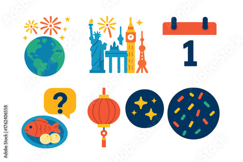 New Year Trivia Around the World flat icons: globe with fireworks, landmark silhouettes, calendar page, question mark bubble, traditional food plate, lantern, starry night,