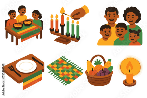 Kwanzaa Joy — Family gathering flat isometric set: shared meal, candle lighting, hands joined, smiling faces, table setting, woven cloth, basket of fruit, warm glow.