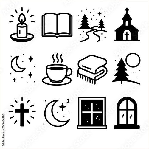 Christmas Memories – Peaceful Reflections outline icon set: glowing candle, open journal, snow-covered path, church silhouette, calm starry sky, steaming tea cup, folded blanket,